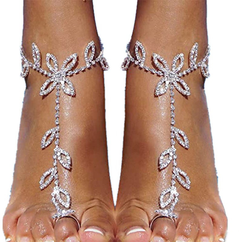 Asphire Elegant Sparkling Rhinestone Barefoot Sandals 2Pcs Bridal Beach Wedding Toe Ring Foot Chain Anklet Party Foot Slave Bracelet Accessories for Women (Silver E) - Image 2