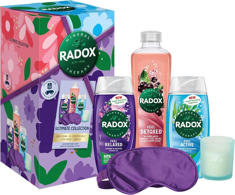 Radox Ultimate Collection with a Candle Eye Mask Shower Gel Bath Soak Gift Set perfect gift for any occasion 3 piece