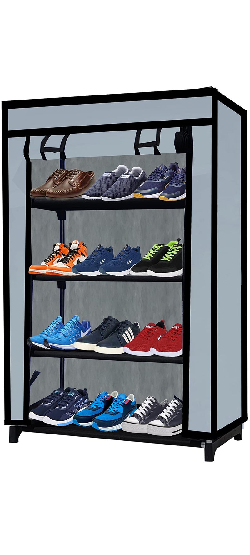 SANAMSTORE Multipurpose 4 Tier Rack Shoe/Clothes/books stand Rack with cover for home (Need to Be Assemble - DIY) -Grey, Metal, Cm - Image 1
