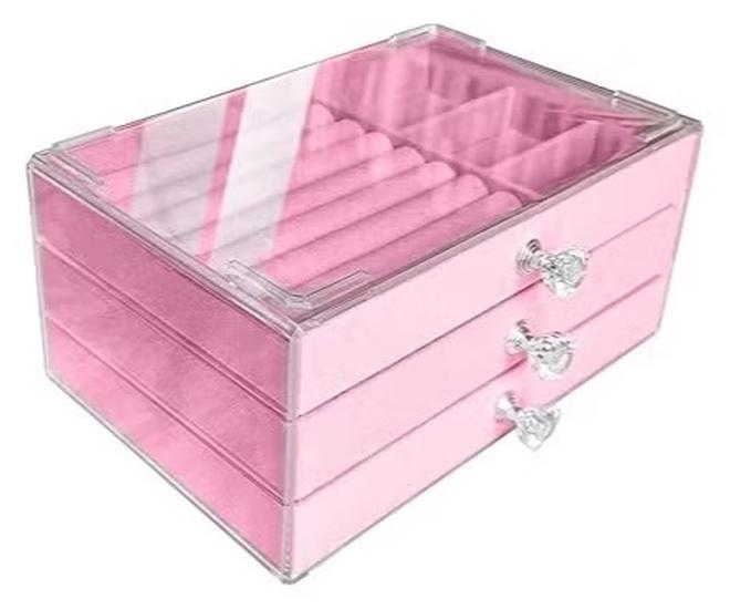 Shein Clear Acrylic Velvet Jewelry Organizer with 3 Drawers, Stackable Display Storage Earrings Necklace Rings Bracelets Box Holder Case for Women, Pink - Image 1