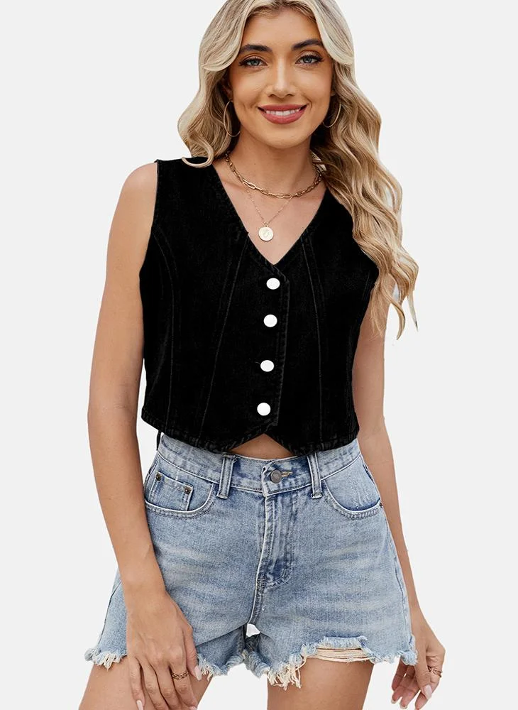 يونيكي Black V Neck Plain Top