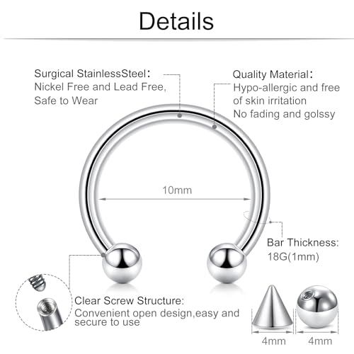 D.Bella 18G Surgical Steel Nose Septum Horseshoe Hoop Eyebrow Lip Navel Belly Nipple Piercing Ring 10mm Helix Tragus Daith Rook Earrings w Replacement Spikes - Image 2