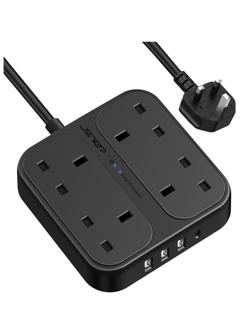 Outlets Power Strip with 1 USB-C and 3 USB Slots Surge Protection Extension UK Socket Plug (3250W,13A) 1.8M Braided Extension Cable-Black - Image 1