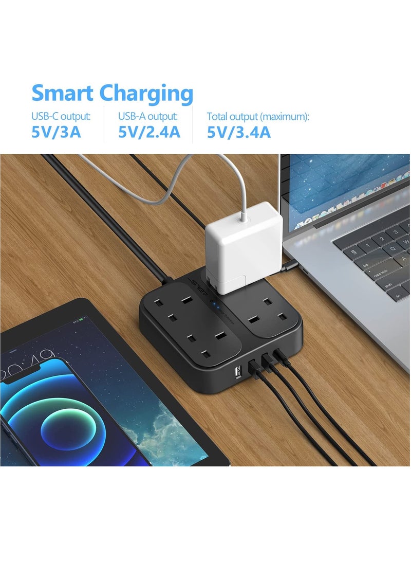 Outlets Power Strip with 1 USB-C and 3 USB Slots Surge Protection Extension UK Socket Plug (3250W,13A) 1.8M Braided Extension Cable-Black - Image 5