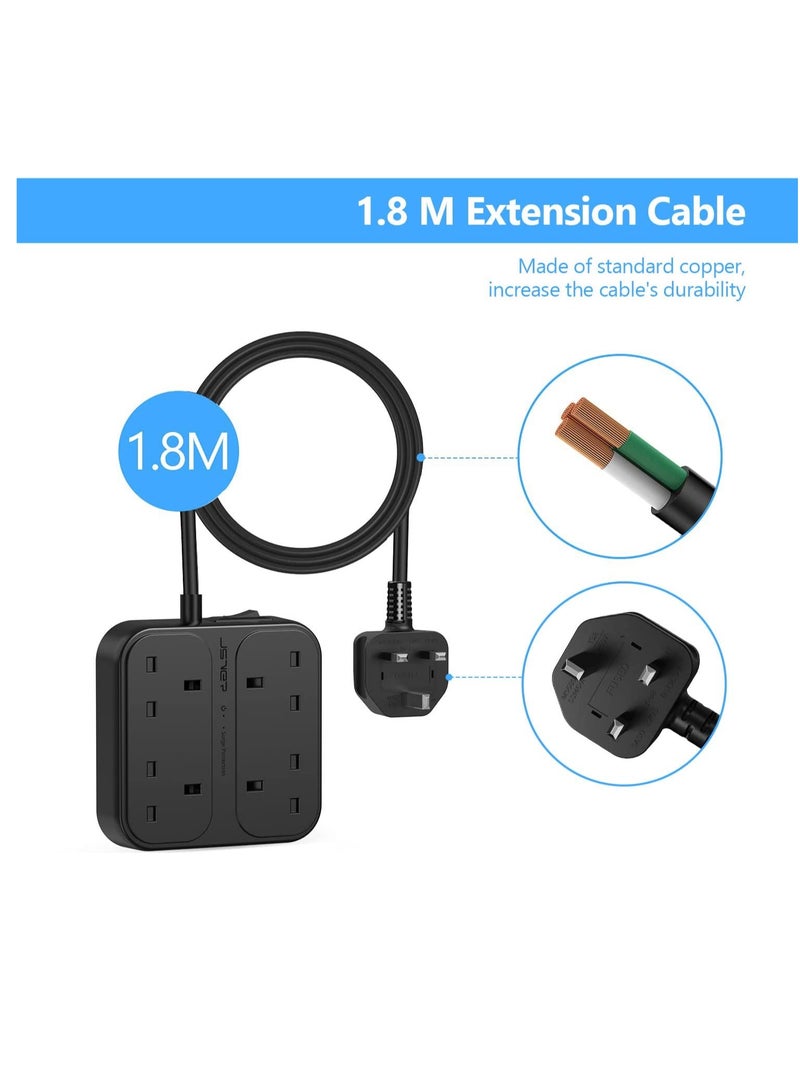 Outlets Power Strip with 1 USB-C and 3 USB Slots Surge Protection Extension UK Socket Plug (3250W,13A) 1.8M Braided Extension Cable-Black - Image 3