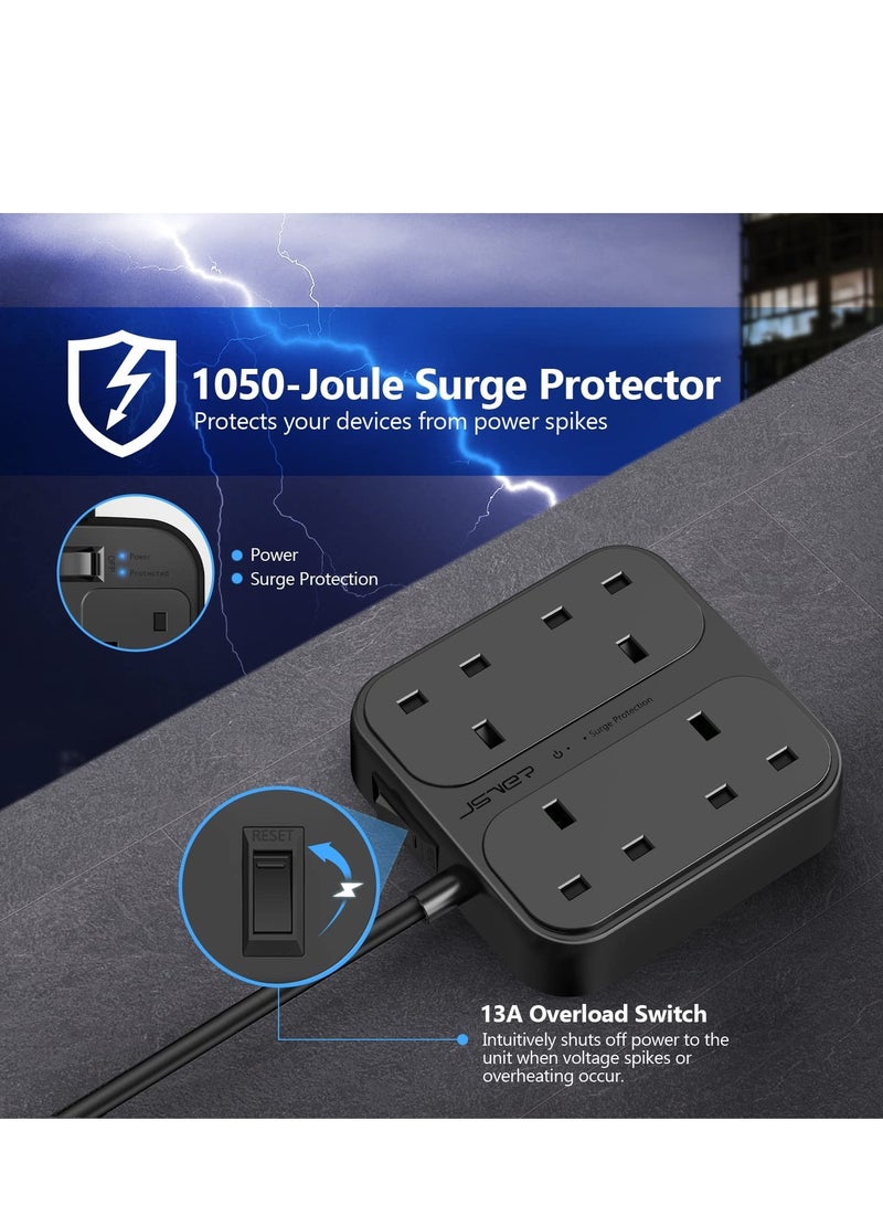 Outlets Power Strip with 1 USB-C and 3 USB Slots Surge Protection Extension UK Socket Plug (3250W,13A) 1.8M Braided Extension Cable-Black - Image 4