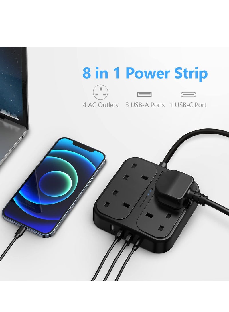 Outlets Power Strip with 1 USB-C and 3 USB Slots Surge Protection Extension UK Socket Plug (3250W,13A) 1.8M Braided Extension Cable-Black - Image 2