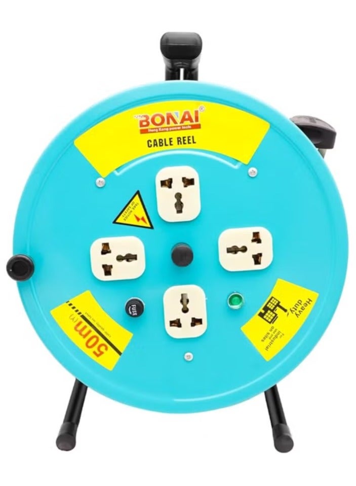 BONAI 50-Meter 2Core x 2.5mm Extension Reel with 4 Sockets and Fuse Protection: Enhance Indoor Power Distribution Naturally  - Image 1