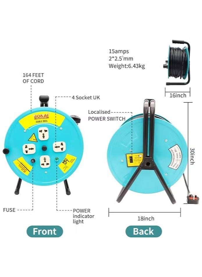 BONAI 50-Meter 2Core x 2.5mm Extension Reel with 4 Sockets and Fuse Protection: Enhance Indoor Power Distribution Naturally  - Image 4