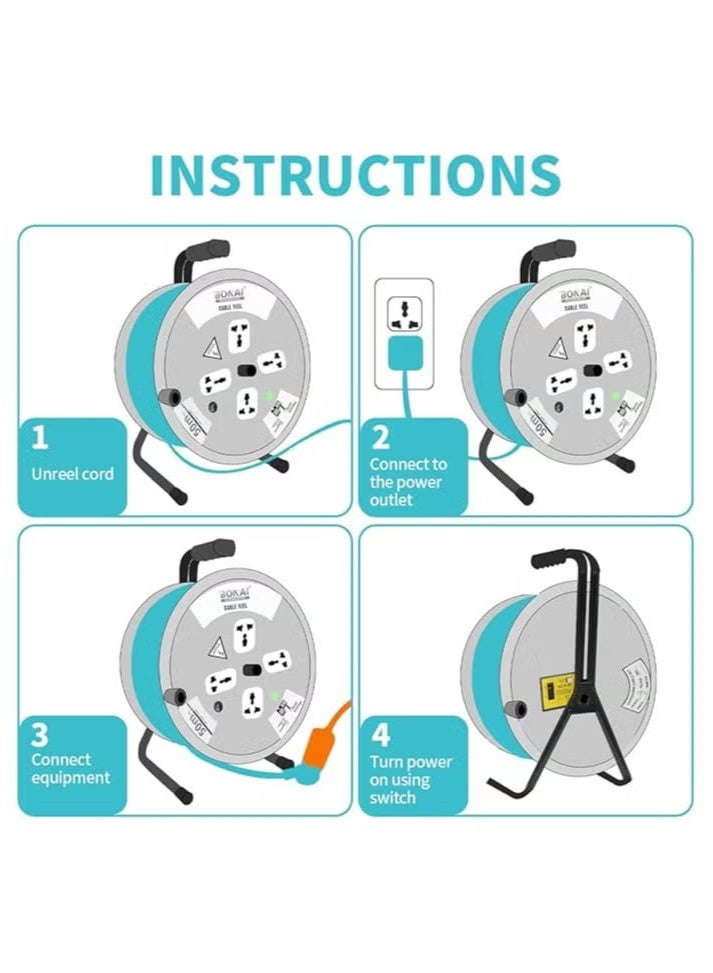 BONAI 50-Meter 2Core x 2.5mm Extension Reel with 4 Sockets and Fuse Protection: Enhance Indoor Power Distribution Naturally  - Image 2