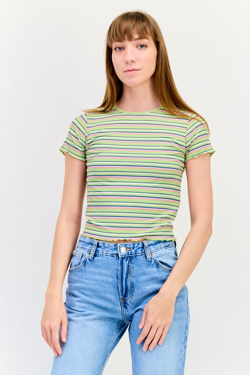 ONLY Women Crew Neck Ruffle Sleeves Stripe Top, Multicolor - Image 1