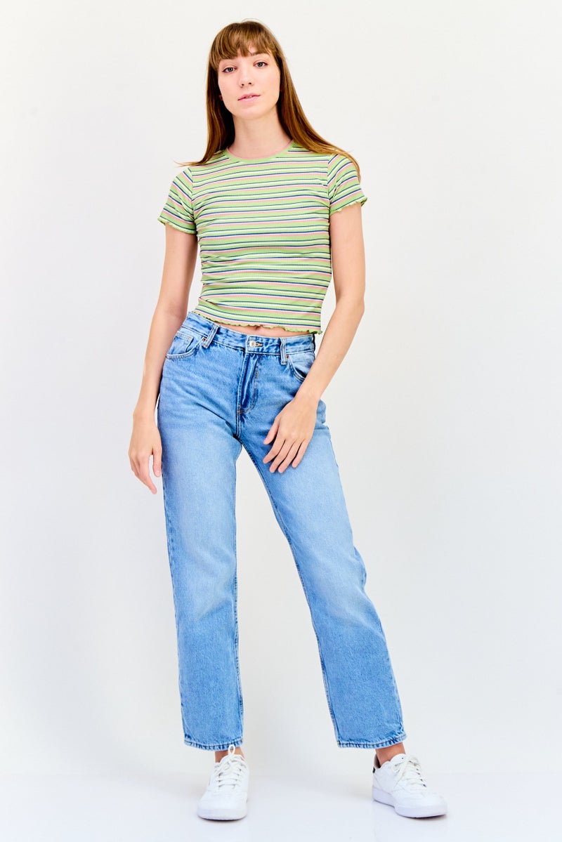 ONLY Women Crew Neck Ruffle Sleeves Stripe Top, Multicolor - Image 2