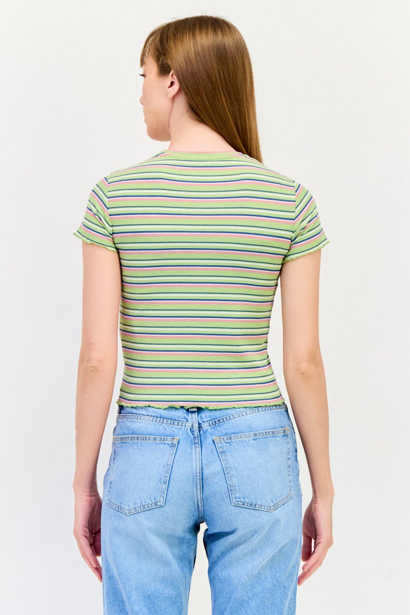 ONLY Women Crew Neck Ruffle Sleeves Stripe Top, Multicolor - Image 3