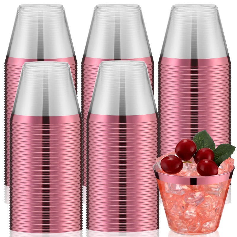 Lounsweer 100 Pcs 9oz Rimmed Plastic Cups Wedding Clear Cocktail Cups Heavy Duty Disposable Wine Glasses for Birthday Bridal Shower Baby Shower Holiday CelebrationsPink