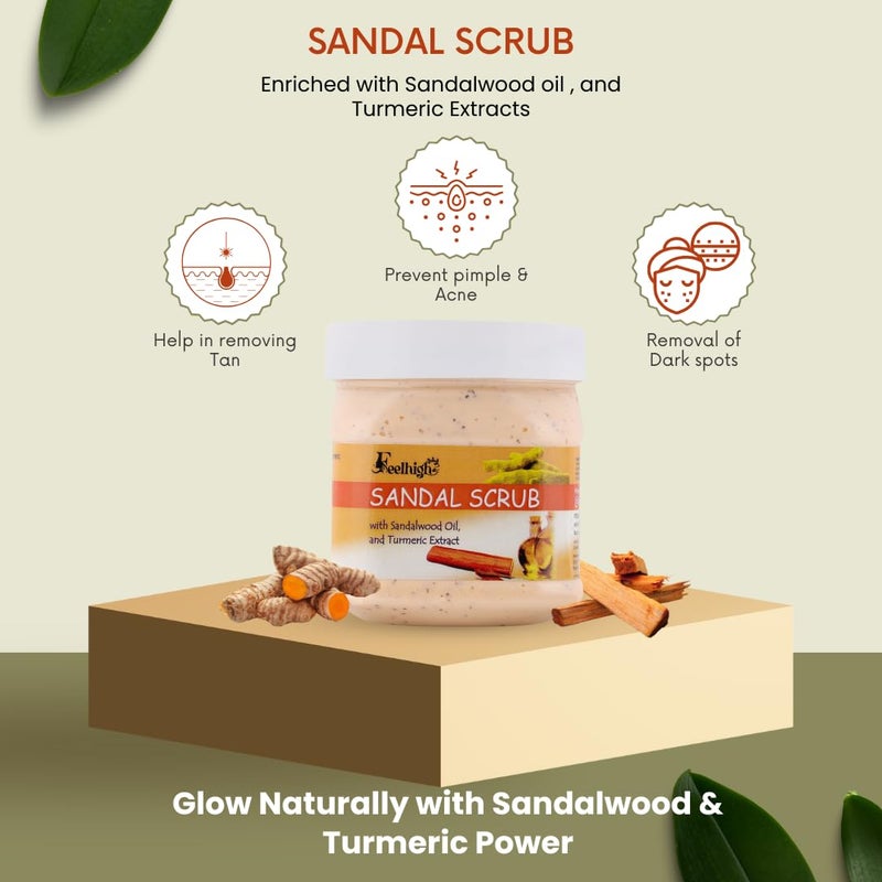 Feelhigh Sandal Scrub with sandalwood oil and Turmeric Extract  Detan tan removal scrub Enriched with Milk And honey face  body scrub Scrub 500 ml - Image 3