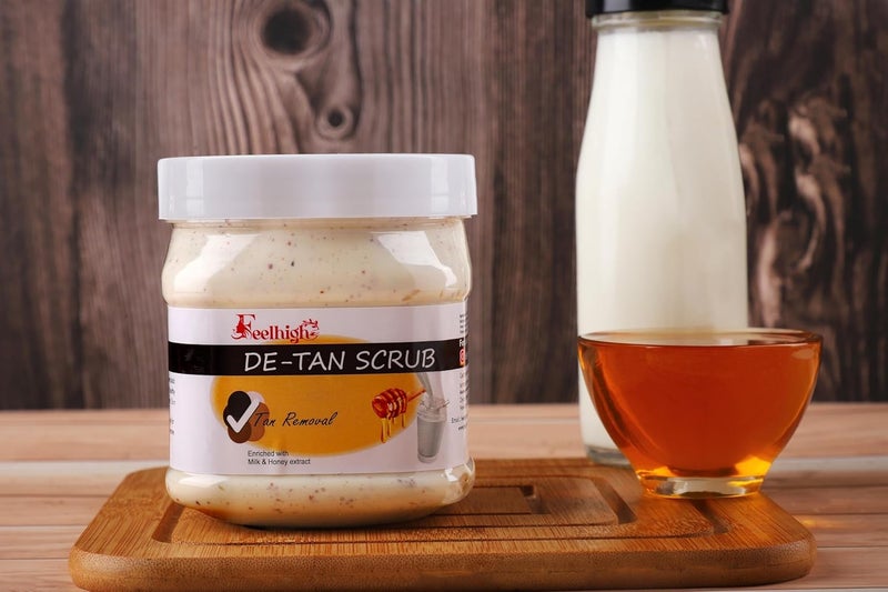 Feelhigh Sandal Scrub with sandalwood oil and Turmeric Extract  Detan tan removal scrub Enriched with Milk And honey face  body scrub Scrub 500 ml - Image 4