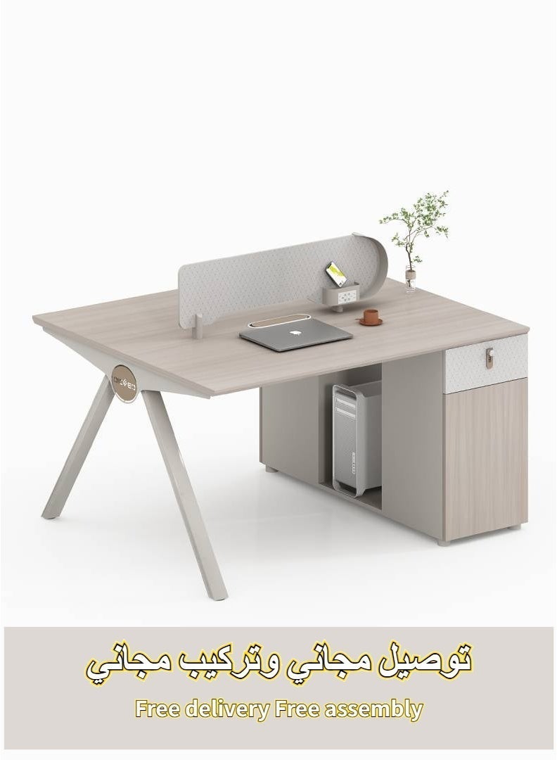 أدين مكتب عمل مكتبي حديث لشخصين مع فاصل، مقاس 120×120×75 سم، تصميم جلوس متقابل، بلون خشب القيقب الراين والرمادي العاجي - Image 1