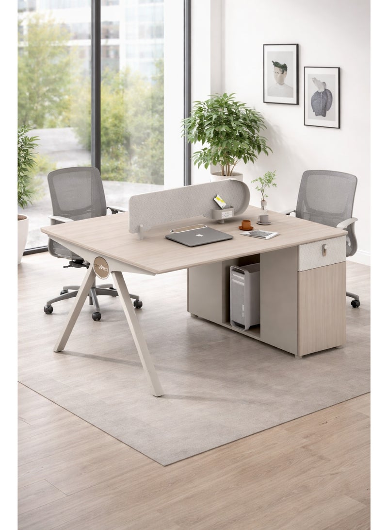 أدين مكتب عمل مكتبي حديث لشخصين مع فاصل، مقاس 120×120×75 سم، تصميم جلوس متقابل، بلون خشب القيقب الراين والرمادي العاجي - Image 3