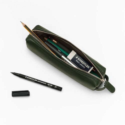 Maruse Pencil Case Italian Grained Leather Zipper Case for Pen and Pencils Work Accessories Made in Italy Green - Image 3