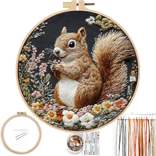 FONNUY Funny Squirrel Floral Embroidery Kit Cross Stitch Kits for Beginners Handmade Crafts with Printed Patterns for Beginner Adults Easy to Follow Color Thread Needlework 8 Hoop Smart - Image 1