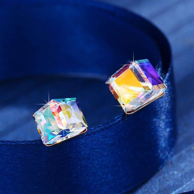 EVEVIC Cube Austrian Crystal Drop Stud Earrings for Women Fashion S925 Sterling Silver Hypoallergenic Jewelry (Aurora Boreali) - Image 5