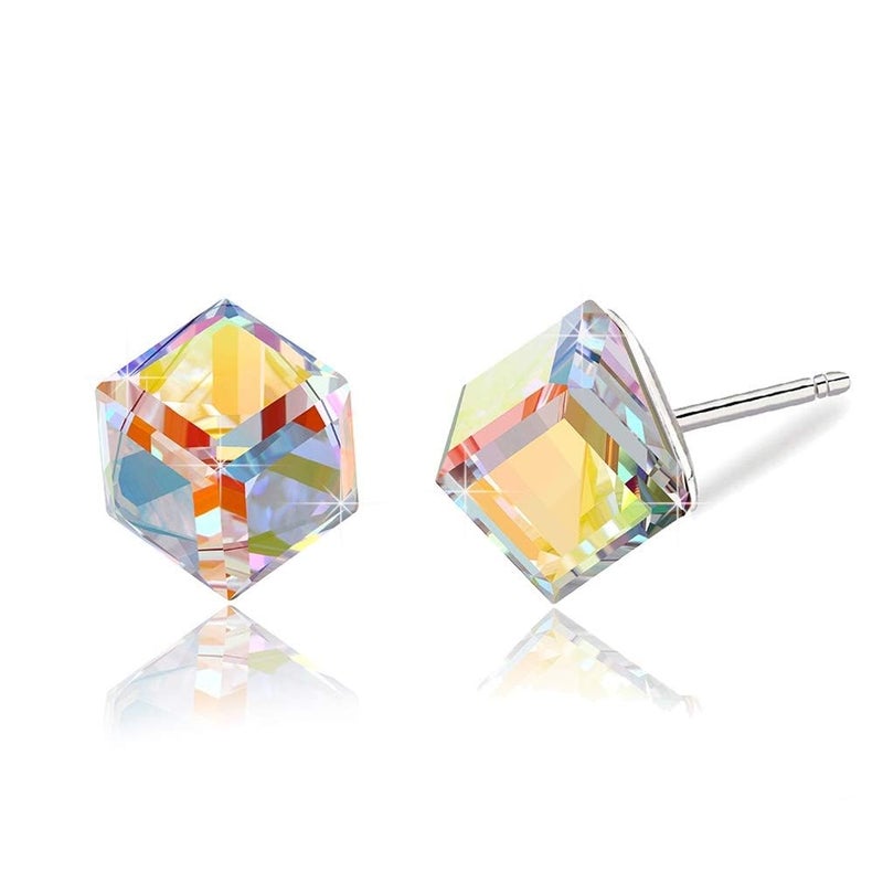EVEVIC Cube Austrian Crystal Drop Stud Earrings for Women Fashion S925 Sterling Silver Hypoallergenic Jewelry (Aurora Boreali) - Image 1
