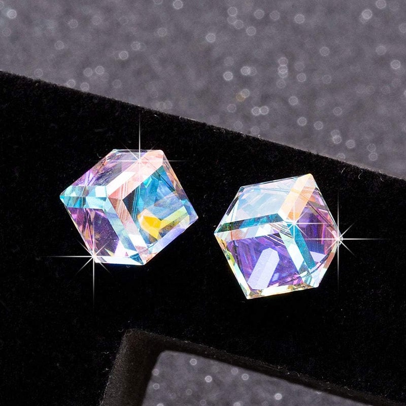 EVEVIC Cube Austrian Crystal Drop Stud Earrings for Women Fashion S925 Sterling Silver Hypoallergenic Jewelry (Aurora Boreali) - Image 3