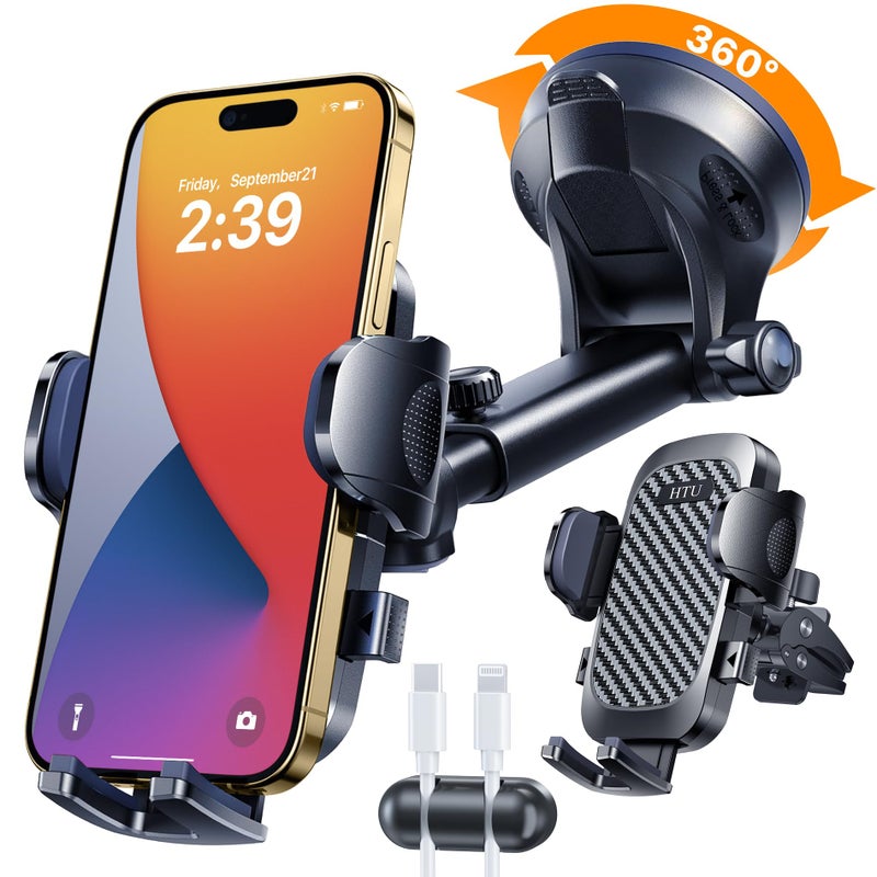 HTU 2026 Ultimate Bestã€True Military-Grade & Safety Certã€‘Car Phone Holder HTUã€Upgraded 360 Rotation & 100+LBS Strongest Suctionã€‘5-in-1 Truck Windshield Dashboard Vent Mount Stand for iPhone Android, Black - Image 1