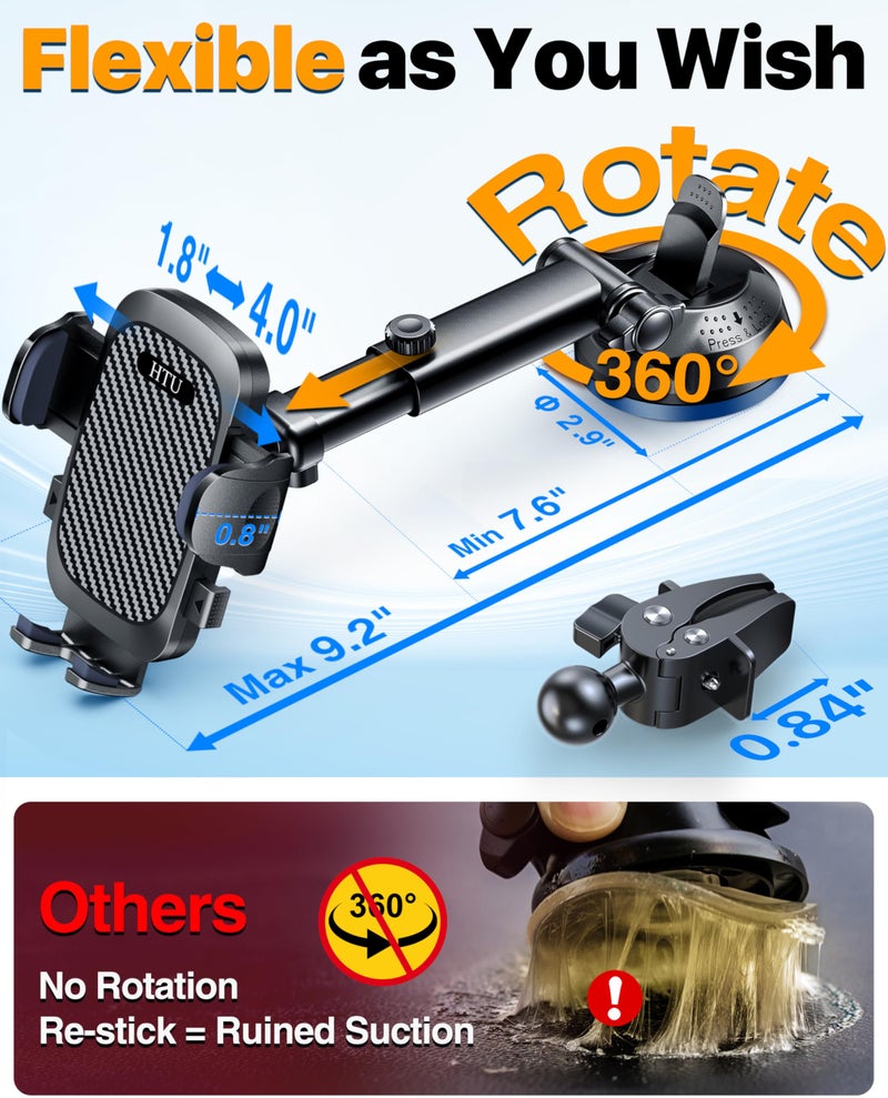 HTU 2026 Ultimate Bestã€True Military-Grade & Safety Certã€‘Car Phone Holder HTUã€Upgraded 360 Rotation & 100+LBS Strongest Suctionã€‘5-in-1 Truck Windshield Dashboard Vent Mount Stand for iPhone Android, Black - Image 4