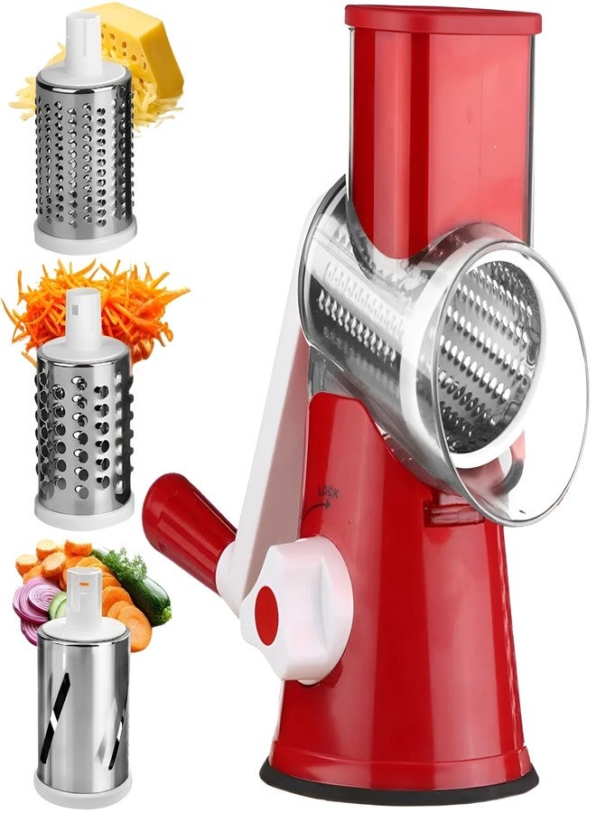 HEARTHLY Suction Base Rotary Cheese Grater & Vegetable Slicer with 3 Stainless Steel Blades - Safe Cheese Grater Hand Crank for Parmesan, Vegetables, Fruits & Nuts (Glossy Red) - Image 1