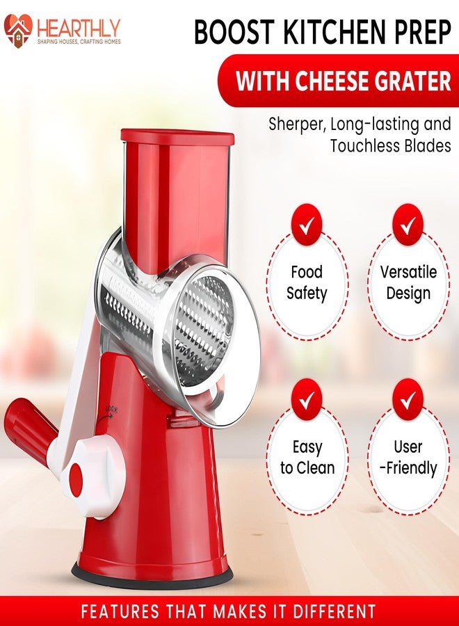 HEARTHLY Suction Base Rotary Cheese Grater & Vegetable Slicer with 3 Stainless Steel Blades - Safe Cheese Grater Hand Crank for Parmesan, Vegetables, Fruits & Nuts (Glossy Red) - Image 5