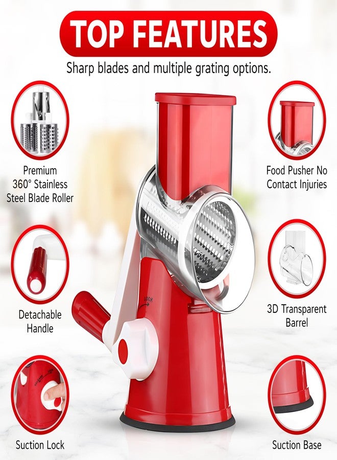 HEARTHLY Suction Base Rotary Cheese Grater & Vegetable Slicer with 3 Stainless Steel Blades - Safe Cheese Grater Hand Crank for Parmesan, Vegetables, Fruits & Nuts (Glossy Red) - Image 2