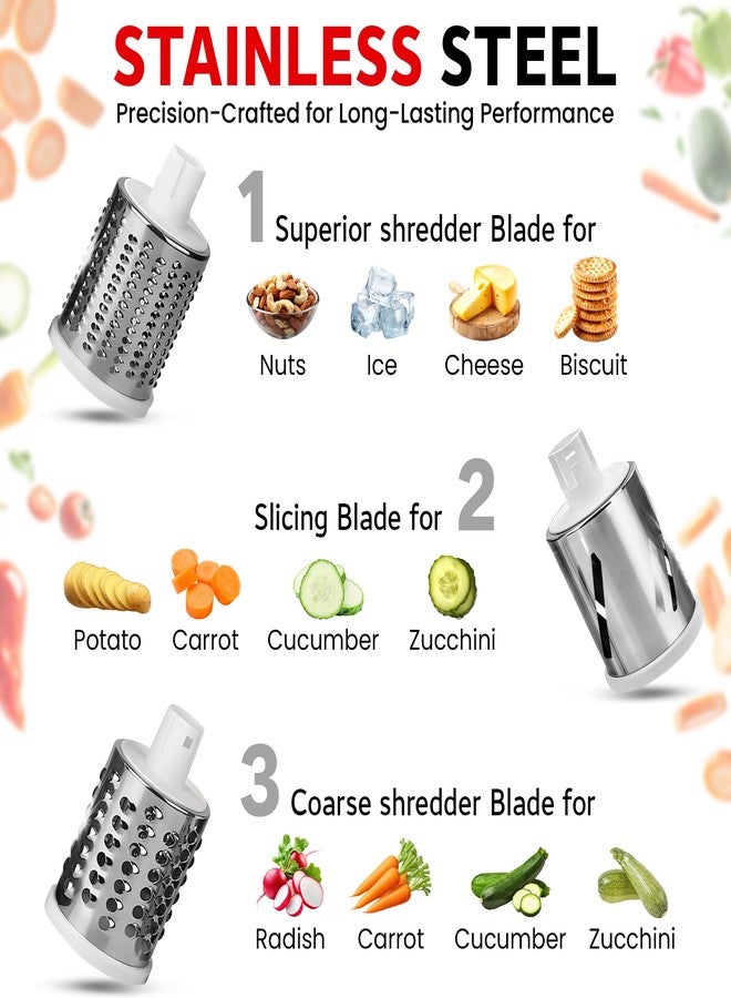 HEARTHLY Suction Base Rotary Cheese Grater & Vegetable Slicer with 3 Stainless Steel Blades - Safe Cheese Grater Hand Crank for Parmesan, Vegetables, Fruits & Nuts (Glossy Red) - Image 3