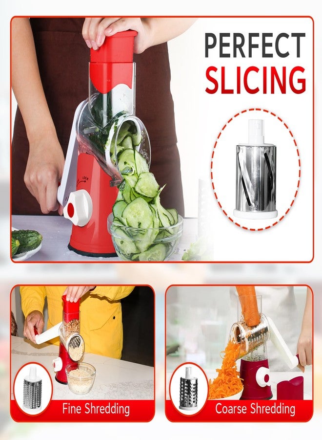 HEARTHLY Suction Base Rotary Cheese Grater & Vegetable Slicer with 3 Stainless Steel Blades - Safe Cheese Grater Hand Crank for Parmesan, Vegetables, Fruits & Nuts (Glossy Red) - Image 4