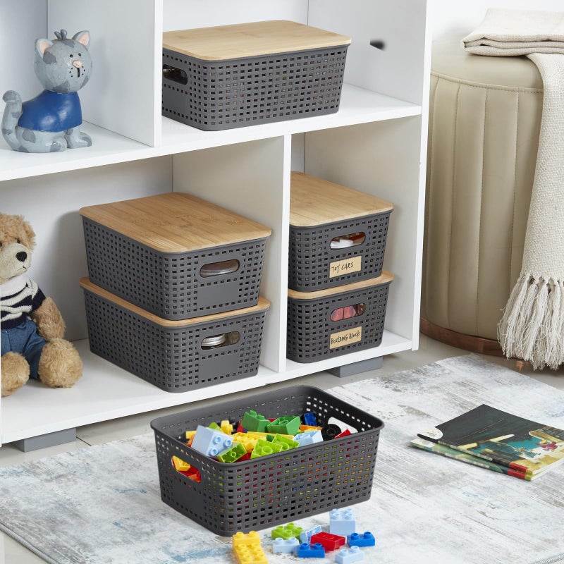 Bagnizer Small Plastic Storage Bins with Bamboo Lids 5.2qt Stackable Box Basket Pantry Decorative Containers Cute with Lable for Organizing Desktop Closet Office Gray of 6 packs 10 * 7.2 * 4.1" - Image 4