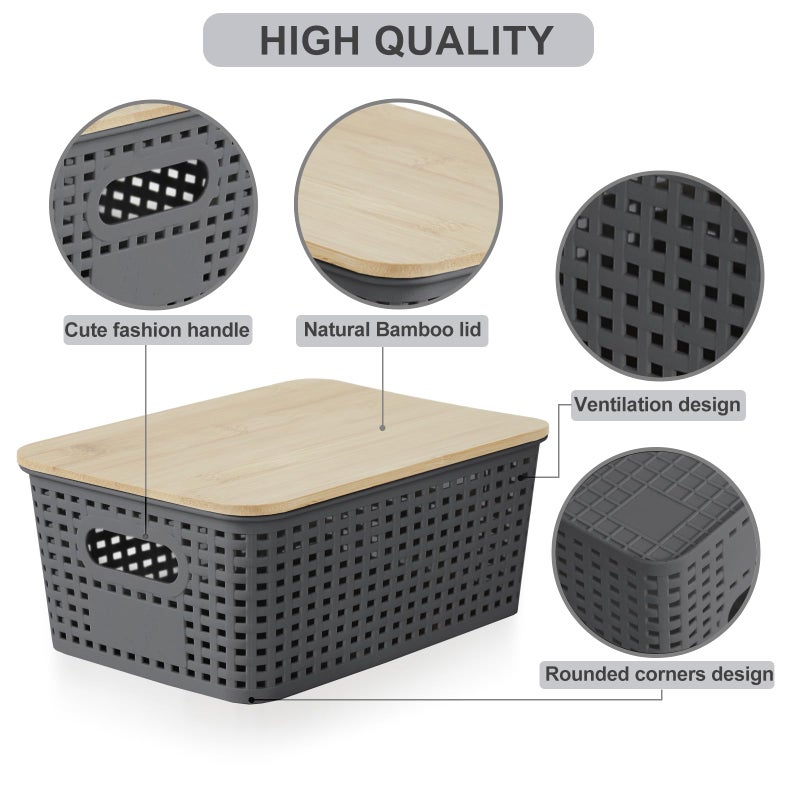 Bagnizer Small Plastic Storage Bins with Bamboo Lids 5.2qt Stackable Box Basket Pantry Decorative Containers Cute with Lable for Organizing Desktop Closet Office Gray of 6 packs 10 * 7.2 * 4.1" - Image 3
