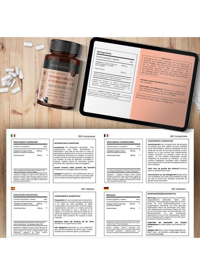 pureclinica - 1500mg UltraColl Collagen (1200mg) and Hyaluronic Acid (300mg) x 180 Tablets - 6 Months Supply - Image 1