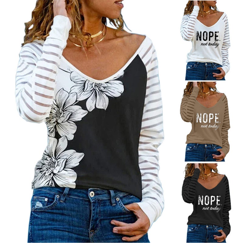 Cross-border spot autumn and winter Europe and the United States new large size Women's Printing flower letter positioning printing long sleeve loose T-shirt - Image 2