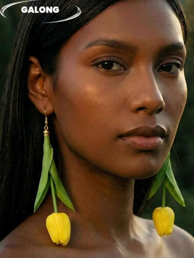 Shein 1 Pair 3D Bright Yellow Tulip Flower Earrings, Handmade Green Leaf Long Dangle Earrings, Fresh Pastoral Style Fashion Accessories For Women  Spring/Summer - Image 4