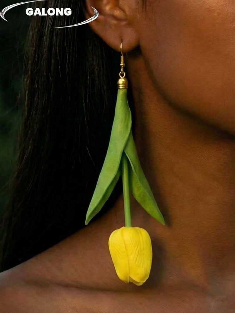 Shein 1 Pair 3D Bright Yellow Tulip Flower Earrings, Handmade Green Leaf Long Dangle Earrings, Fresh Pastoral Style Fashion Accessories For Women  Spring/Summer - Image 5