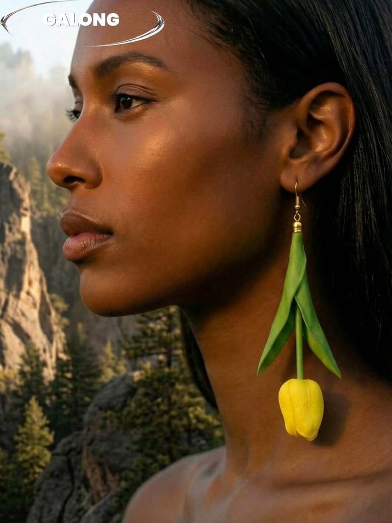 Shein 1 Pair 3D Bright Yellow Tulip Flower Earrings, Handmade Green Leaf Long Dangle Earrings, Fresh Pastoral Style Fashion Accessories For Women  Spring/Summer - Image 2