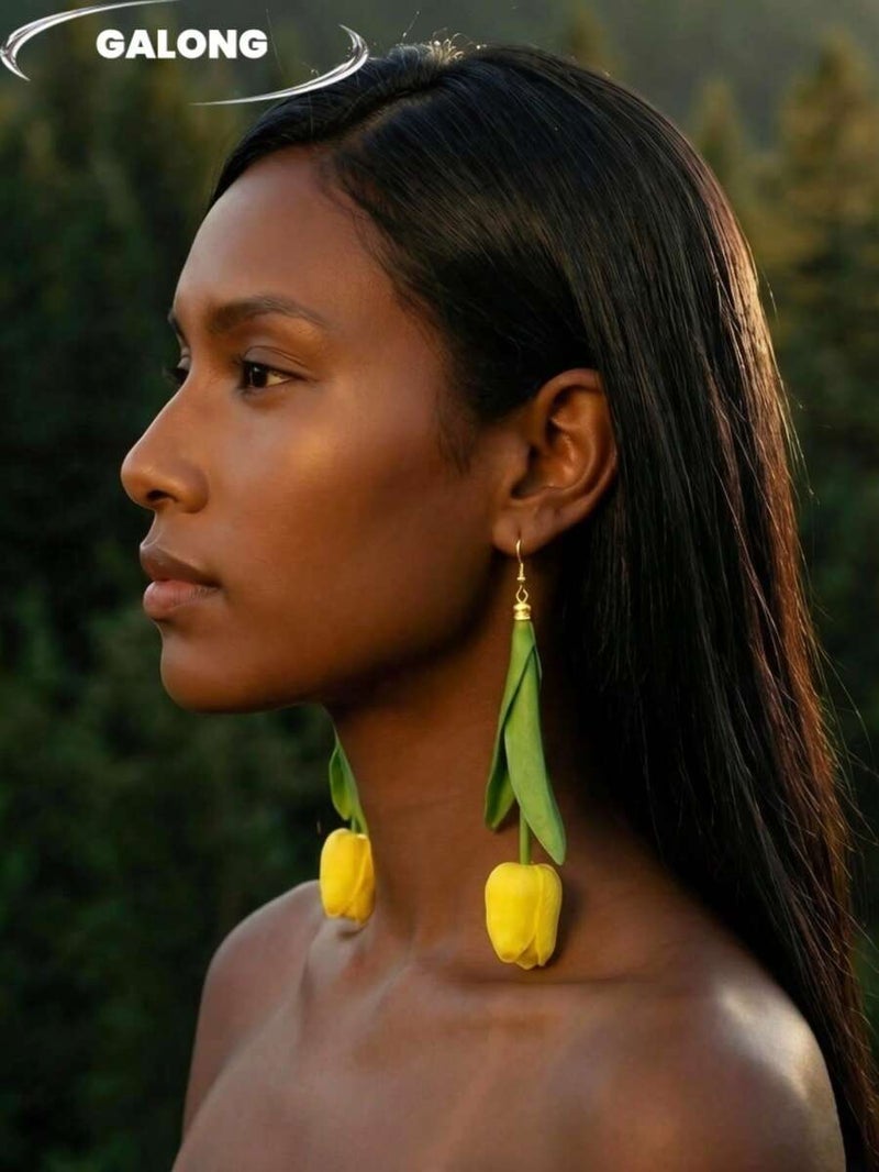 Shein 1 Pair 3D Bright Yellow Tulip Flower Earrings, Handmade Green Leaf Long Dangle Earrings, Fresh Pastoral Style Fashion Accessories For Women  Spring/Summer - Image 3