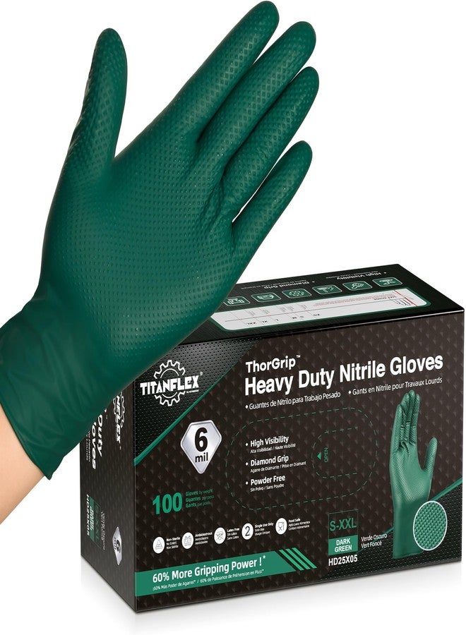 TitanFlex Green Nitrile Gloves 6 Mil Heavy Duty, Large, Raised Diamond Texture Industrial Gloves for Mechanic Gardening Yard Work (Box of 100) - Image 1
