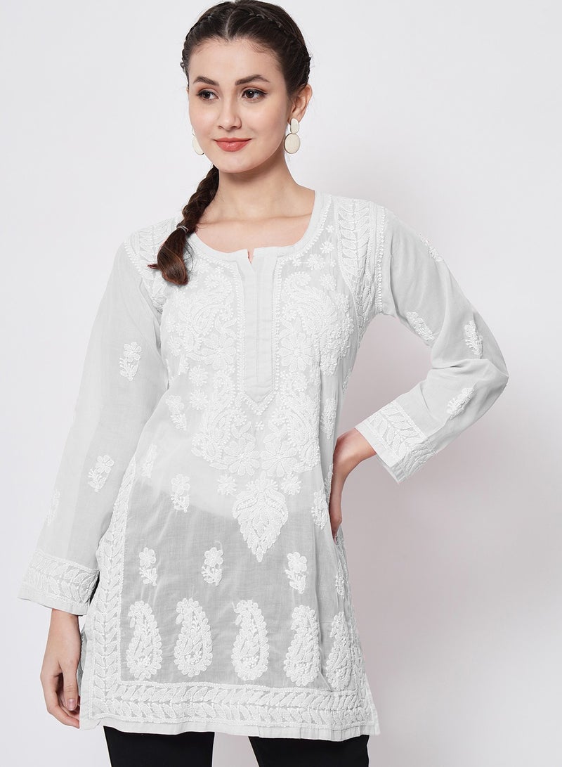 Alaya Hand Embroidered Chikankari Cotton Straight Kurti-AL3595 - Image 1