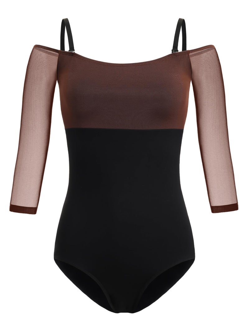 HROYL Women's Off-the-Shoulder Ballet Leotard with Mesh Panels - 3/4 Sleeve Fitted Dance Top, Black-L - Image 1