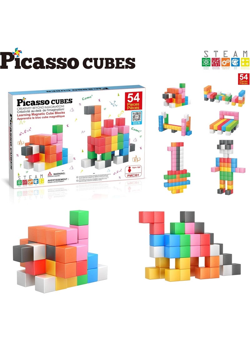 PicassoTiles Magnetic Cubes Learning Blocks 54-Pieces | STEM Toys | Educational Toy Set | Stacking Blocks | Enhance Problem-solving Skills & Fine Motor Skills | Improves Coordination & Creativity | Gift for Kids and Toddlers | Construction Building Set for Child Brain Development - Image 1