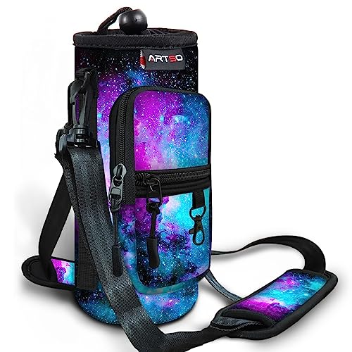 ARTSO Water Bottle Carrier Bag Sling Holder Pouch 25oz 32oz 40oz 64oz Insulated Water Bottle Sleeve Case Cover with Adjustable Shoulder Hand Strap Pocket for Hiking Camping Travelling Galaxy - Image 1