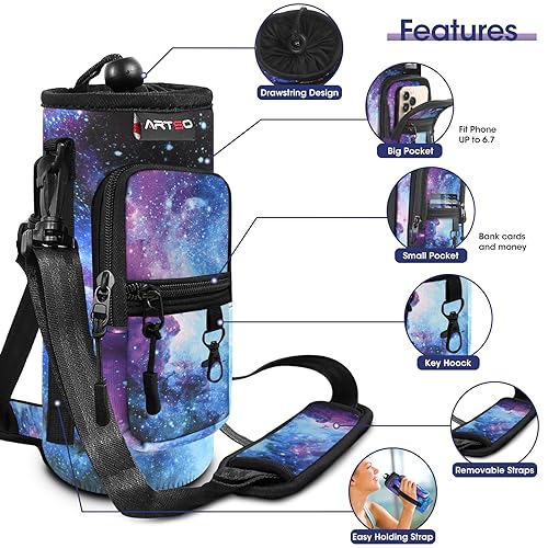 ARTSO Water Bottle Carrier Bag Sling Holder Pouch 25oz 32oz 40oz 64oz Insulated Water Bottle Sleeve Case Cover with Adjustable Shoulder Hand Strap Pocket for Hiking Camping Travelling Galaxy - Image 3