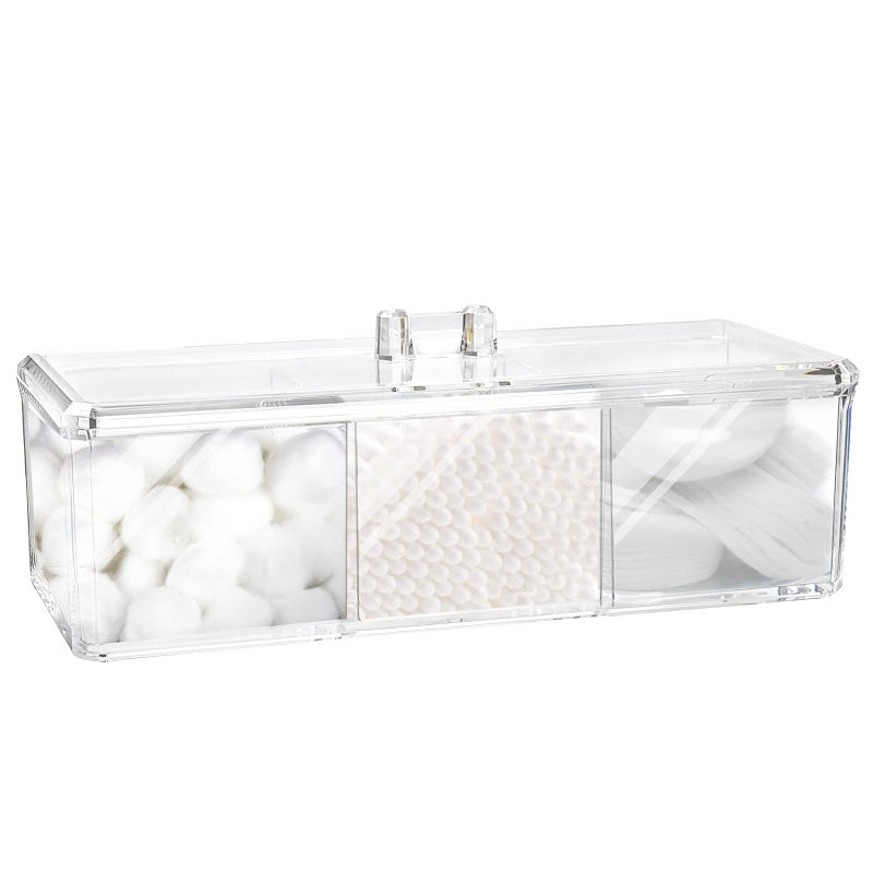 KIMCHOMERSE Square Qtip Holder Dispenser, 3 Compartments Cotton Ball Holder, Bathroom Canisters for Cotton Swab, Ball, Cotton Pad Organizer, Clear Acrylic Containers with Lid for Bathroom Vanity Countertop  - Image 1