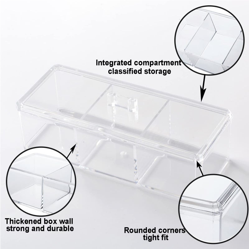 KIMCHOMERSE Square Qtip Holder Dispenser, 3 Compartments Cotton Ball Holder, Bathroom Canisters for Cotton Swab, Ball, Cotton Pad Organizer, Clear Acrylic Containers with Lid for Bathroom Vanity Countertop  - Image 3